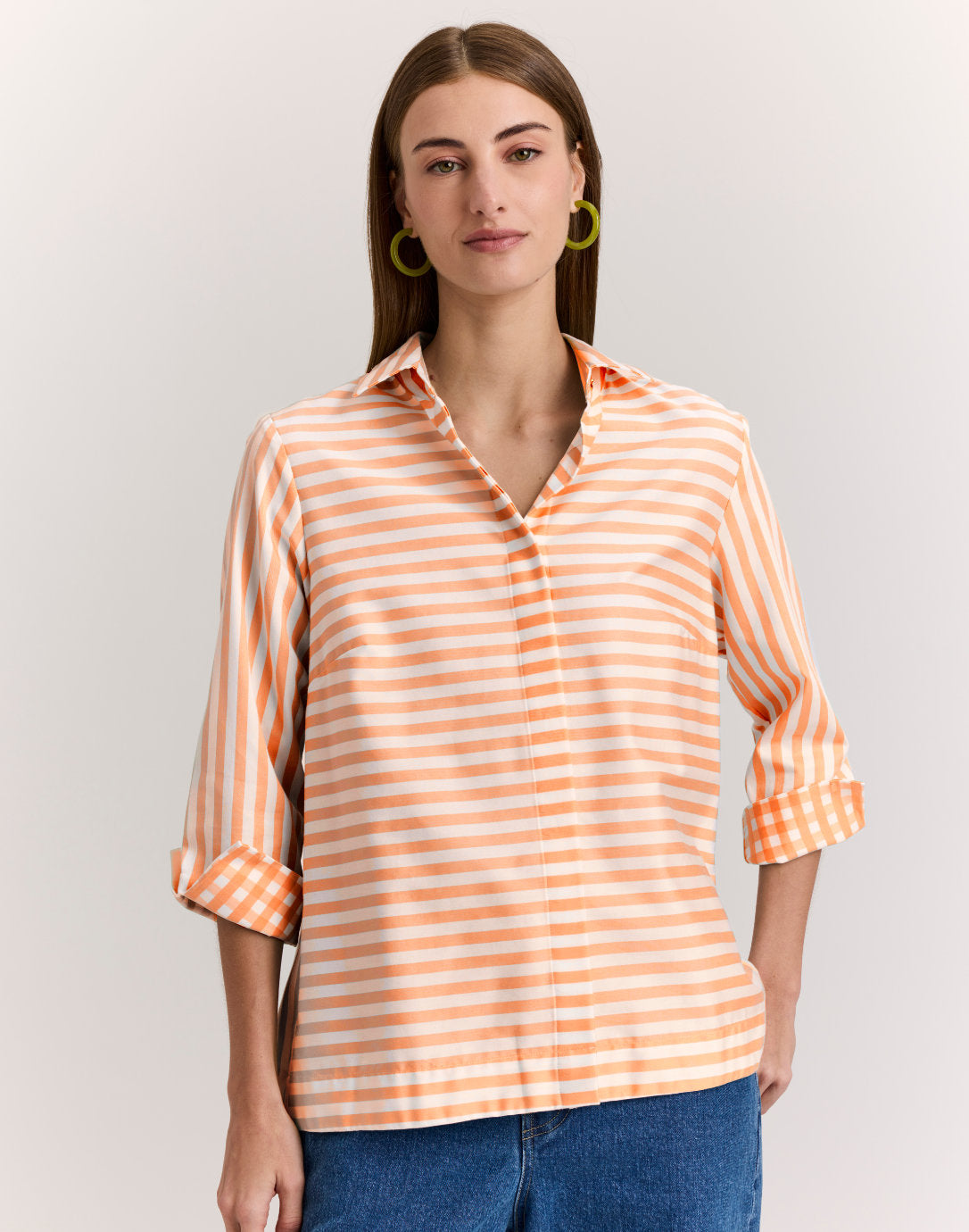 Investments Plus Size Woven Whimsy Floral Stripe 3/4 Sleeve Point Collar Button Front Split Cuff Top