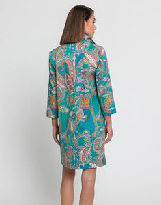 Aileen 3/4 Sleeve Teal Paisley Print Dress