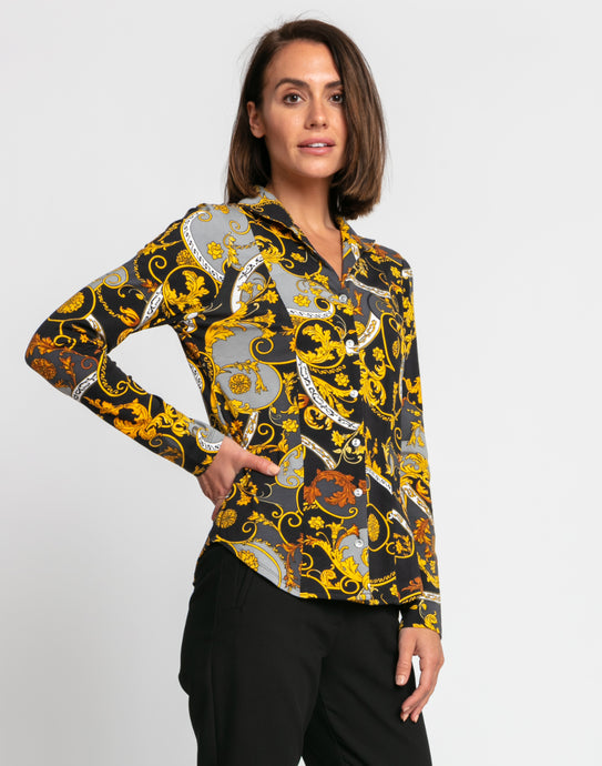 Donna Long Sleeve Versailles Print Knit Shirt
