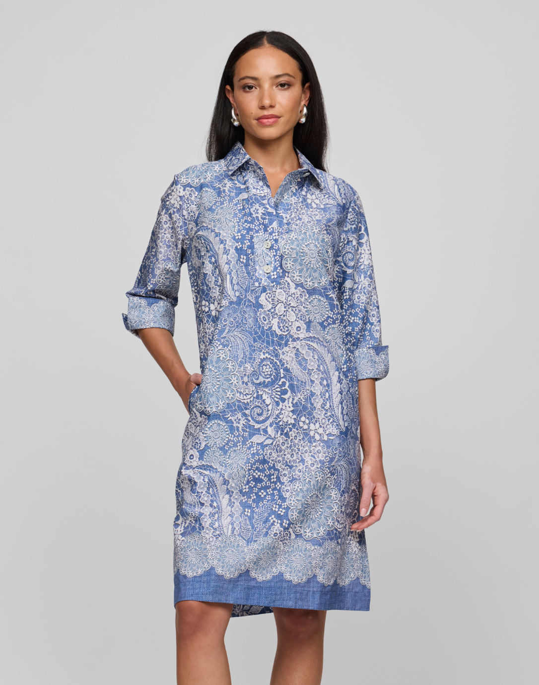 chinese dress ladies Charlotte 3/4 Sleeve Lace Print Dress – Hinson Wu