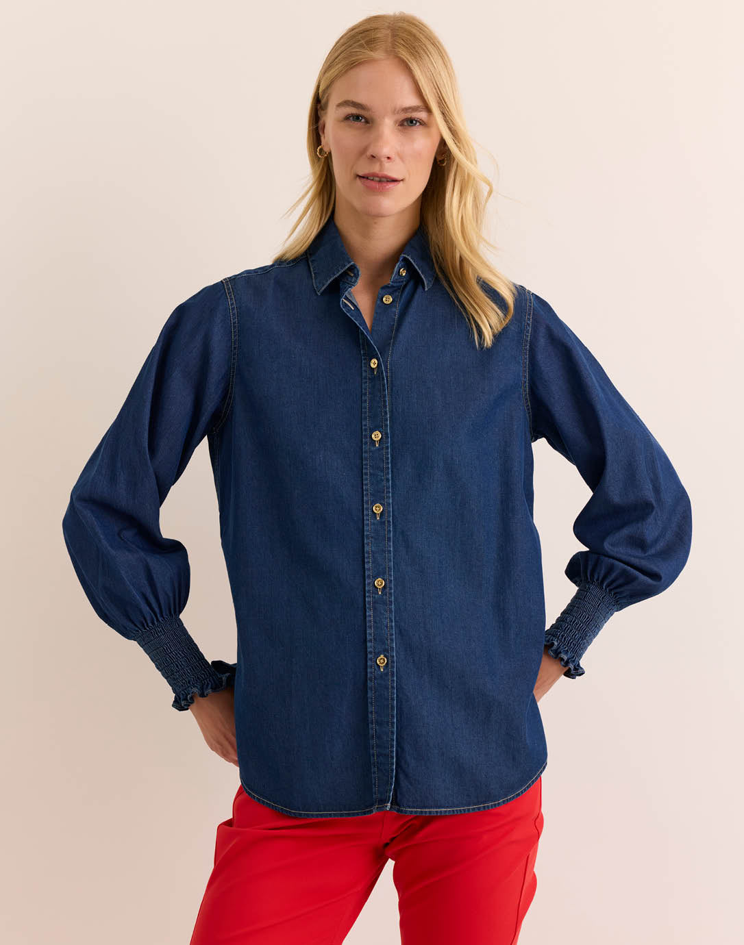 トップス junhashimoto WRINKLE HOOK DENIM SHIRT Oversized Smocked Long Sleeve Dark Wash Denim Shirt – Hinson Wu