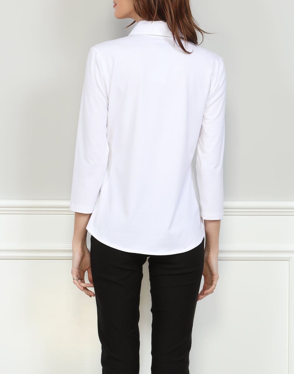 Lizette 3/4 Sleeve Pullover Shirt With Knit Sleeves and Back