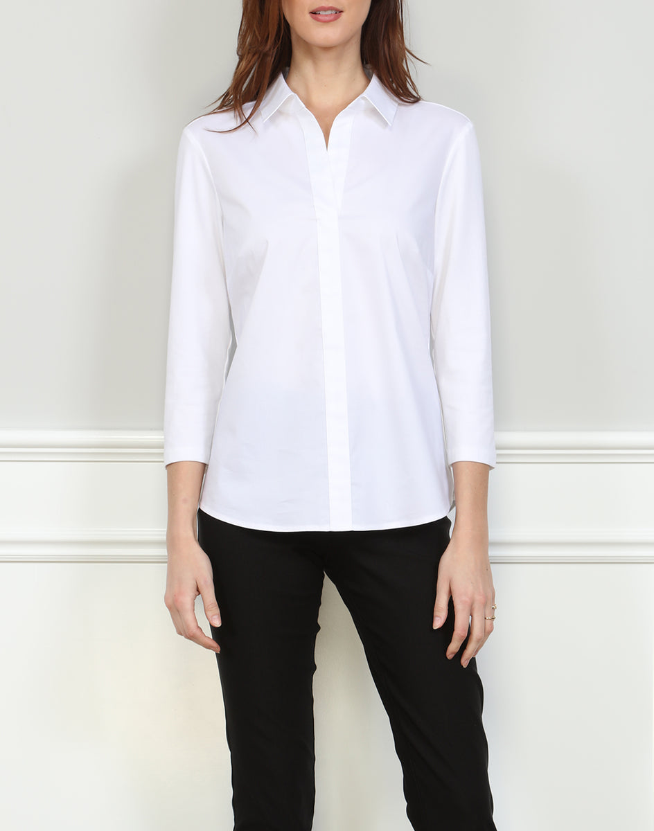 Lizette 3/4 Sleeve Pullover Shirt With Knit Sleeves and Back 