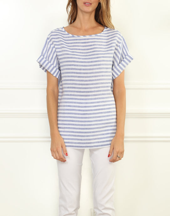 Fiona Luxe Linen Button Back Tee In Stripes