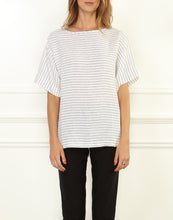 Load image into Gallery viewer, Fiona Luxe Linen Button Back Tee In White/Black Stripe