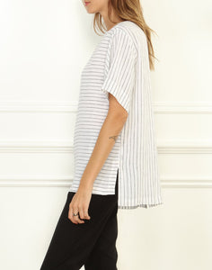 Fiona Luxe Linen Button Back Tee In White/Black Stripe