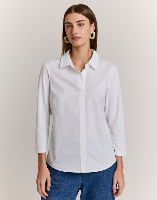 Lizette 3/4 Sleeve Pullover Shirt With Knit Sleeves and Back