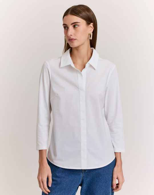 Lizette 3/4 Sleeve Pullover Shirt With Knit Sleeves and Back