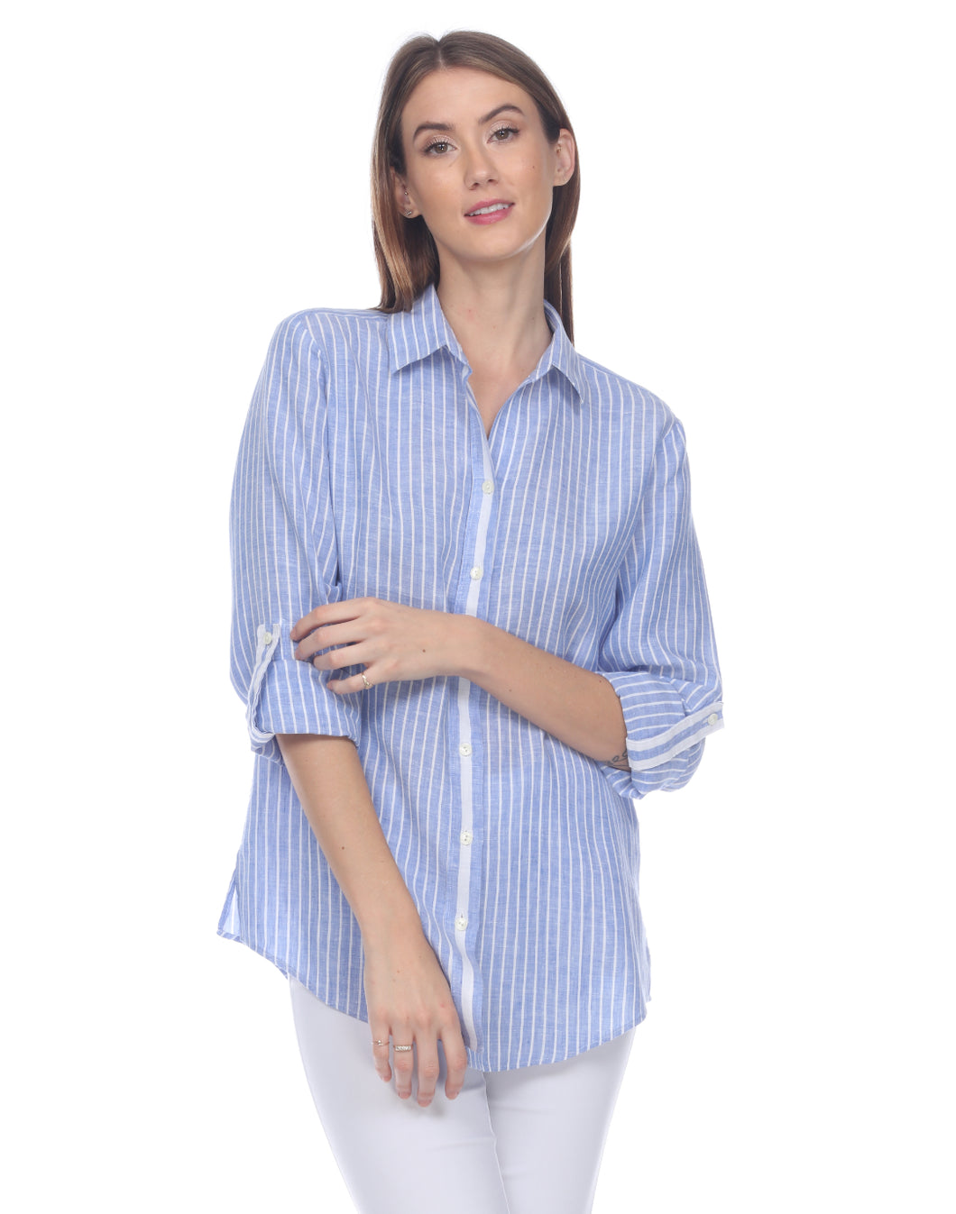 Chelsea Long Sleeve Roll Tab Luxe Linen Stripe Shirt