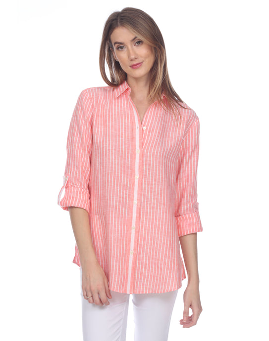 Chelsea Long Sleeve Roll Tab Luxe Linen Stripe Shirt