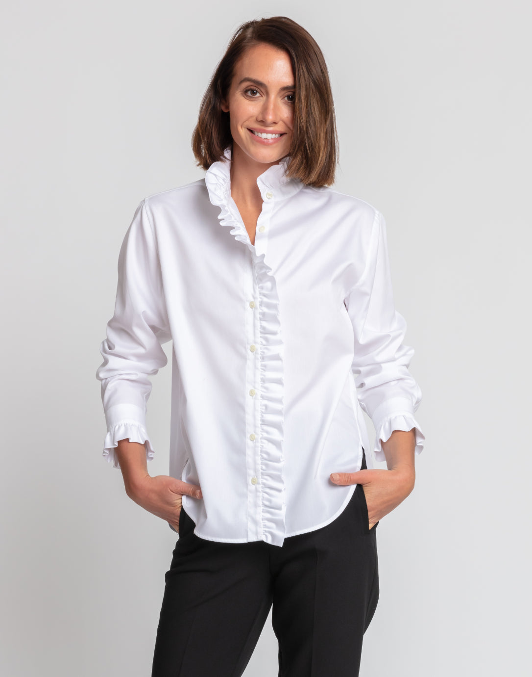 Nora Long Sleeve Luxe Cotton Ruffle Trimmed Shirt Hinson Wu
