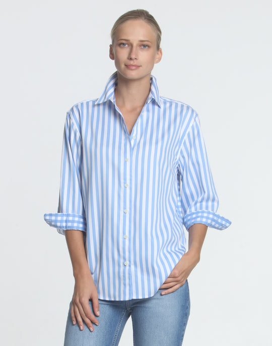 FINAL SALE NO RETURNS/EXCHANGES - Halsey 3/4 Sleeve Stripe/Gingham Shirt
