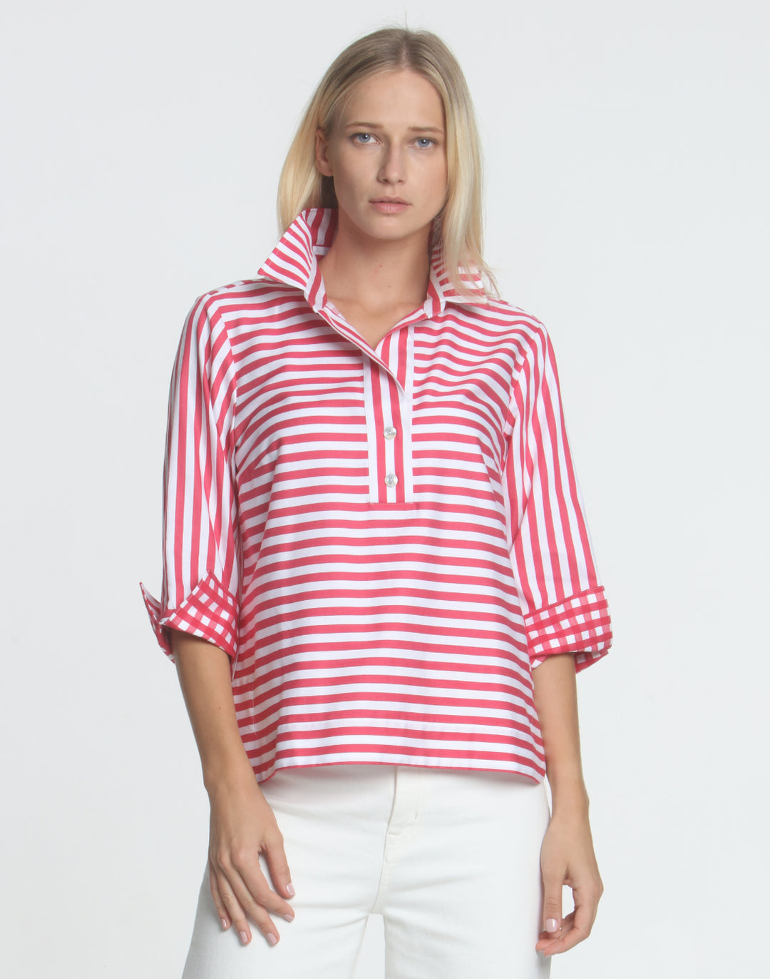 FINAL SALE NO RETURNS/EXCHANGES - Aileen 3/4 Sleeve Stripe With Gingham Cuff Top