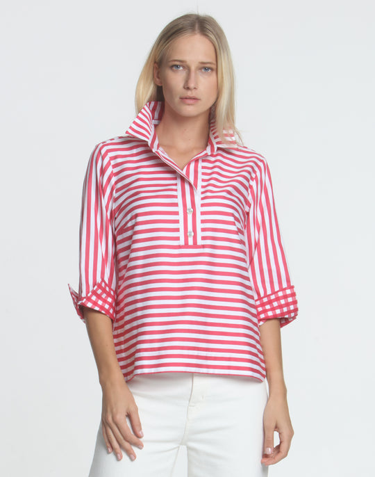 FINAL SALE NO RETURNS/EXCHANGES - Aileen 3/4 Sleeve Stripe With Gingham Cuff Top