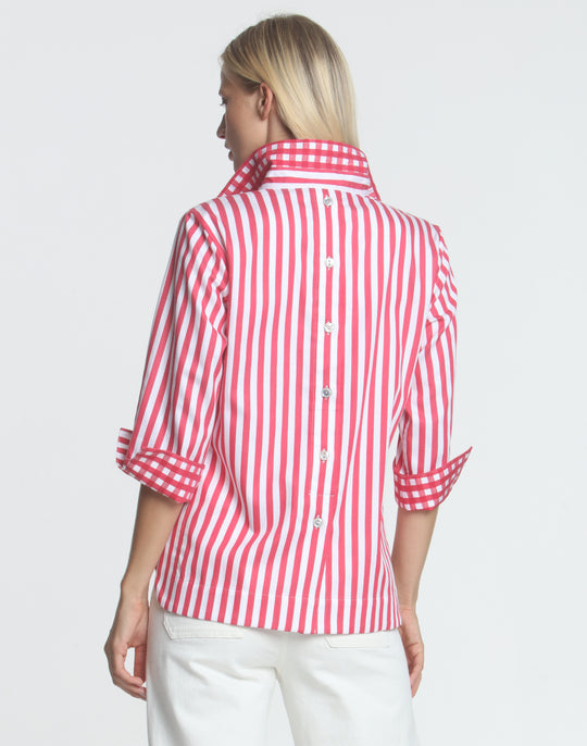 FINAL SALE NO RETURNS/EXCHANGES - Aileen 3/4 Sleeve Stripe With Gingham Cuff Top
