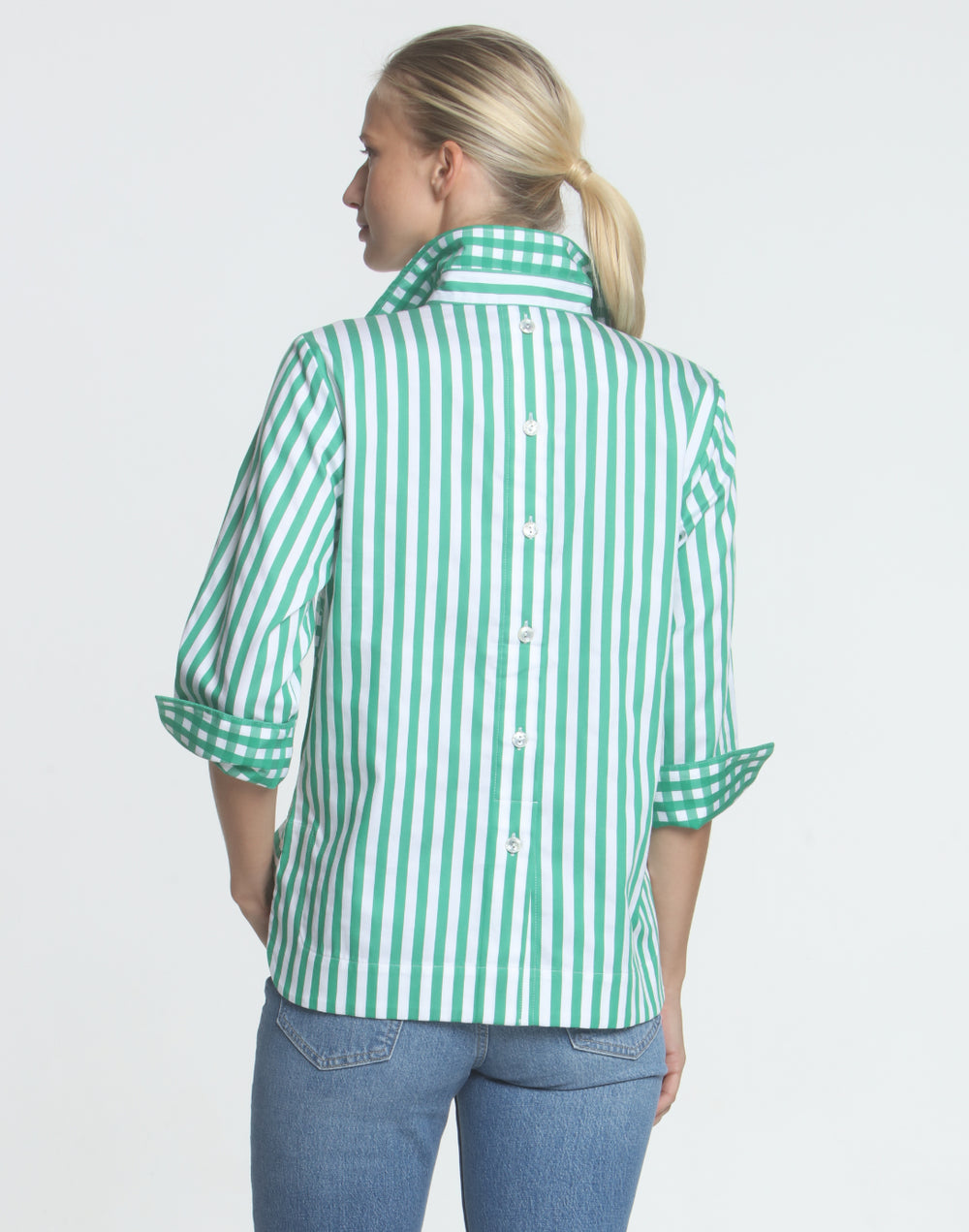 FINAL SALE NO RETURNS/EXCHANGES - Aileen 3/4 Sleeve Stripe With Gingham Cuff Top