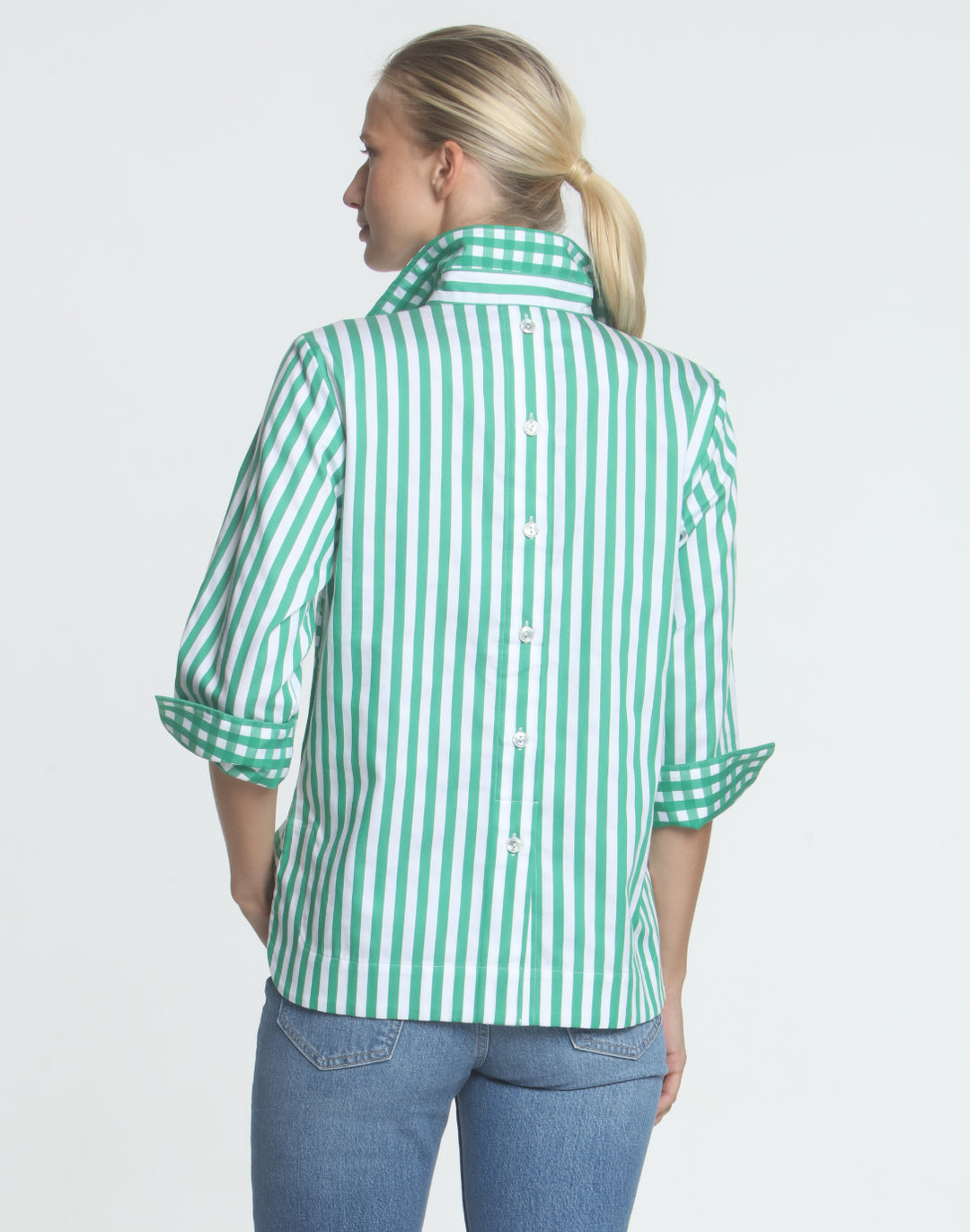 FINAL SALE NO RETURNS/EXCHANGES - Aileen 3/4 Sleeve Stripe With Gingham Cuff Top