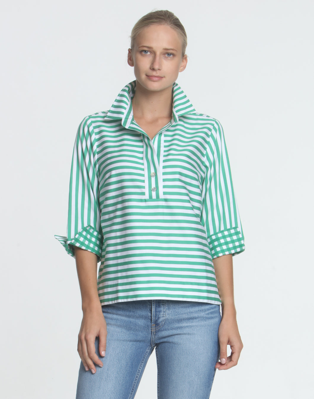 Aileen 3/4 Sleeve Stripe With Gingham Cuff Top