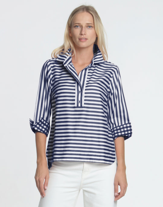 FINAL SALE NO RETURNS/EXCHANGES - Aileen 3/4 Sleeve Stripe With Gingham Cuff Top