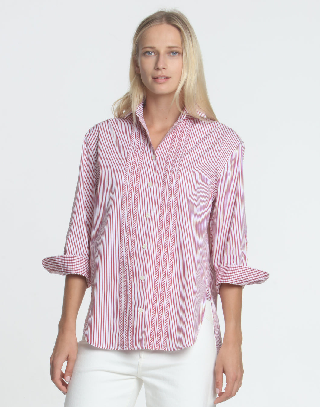Halsey 3/4 Sleeve Pleated Front Stripe Shirt
