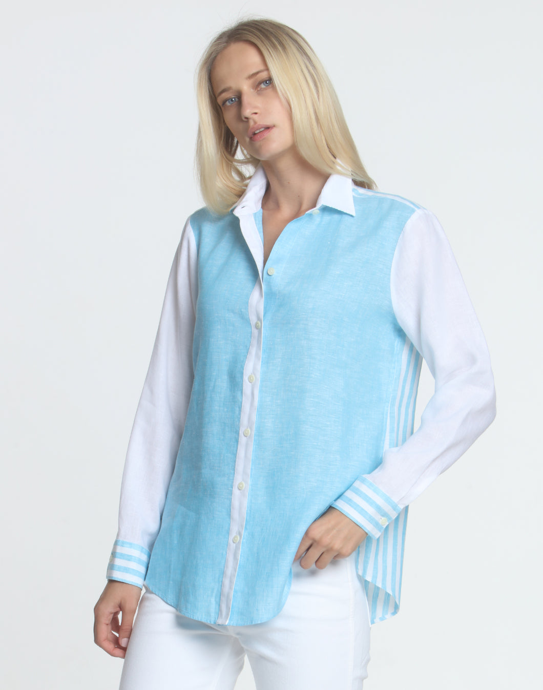 Chelsea LS Colorblocked Luxe Linen With Stripes Shirt