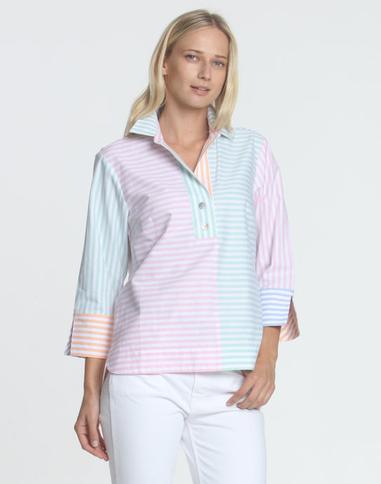 Aileen 3/4 Sleeve Mixed Oxford Stripe Shirt