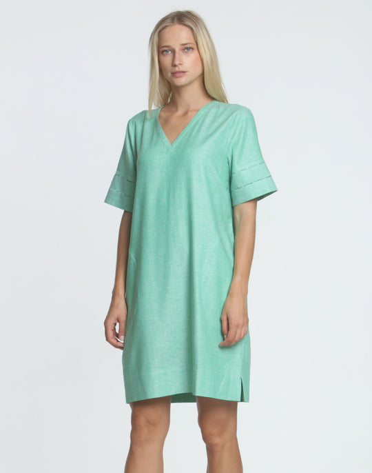 FINAL SALE NO RETURNS/EXCHANGES- Jackie Short Sleeve Linen Blend Herringbone Dress