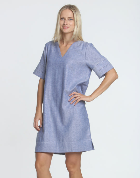 FINAL SALE NO RETURNS/EXCHANGES- Jackie Short Sleeve Linen Blend Herringbone Dress