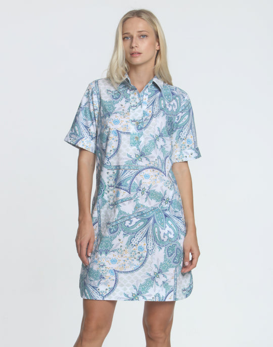 FINAL SALE / NO RETURN, NO EXCHANGE - Aileen Short Sleeve Blue Paisley Print Dress