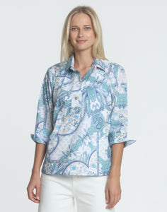 Aileen 3/4 Sleeve Blue Paisley Print Shirt