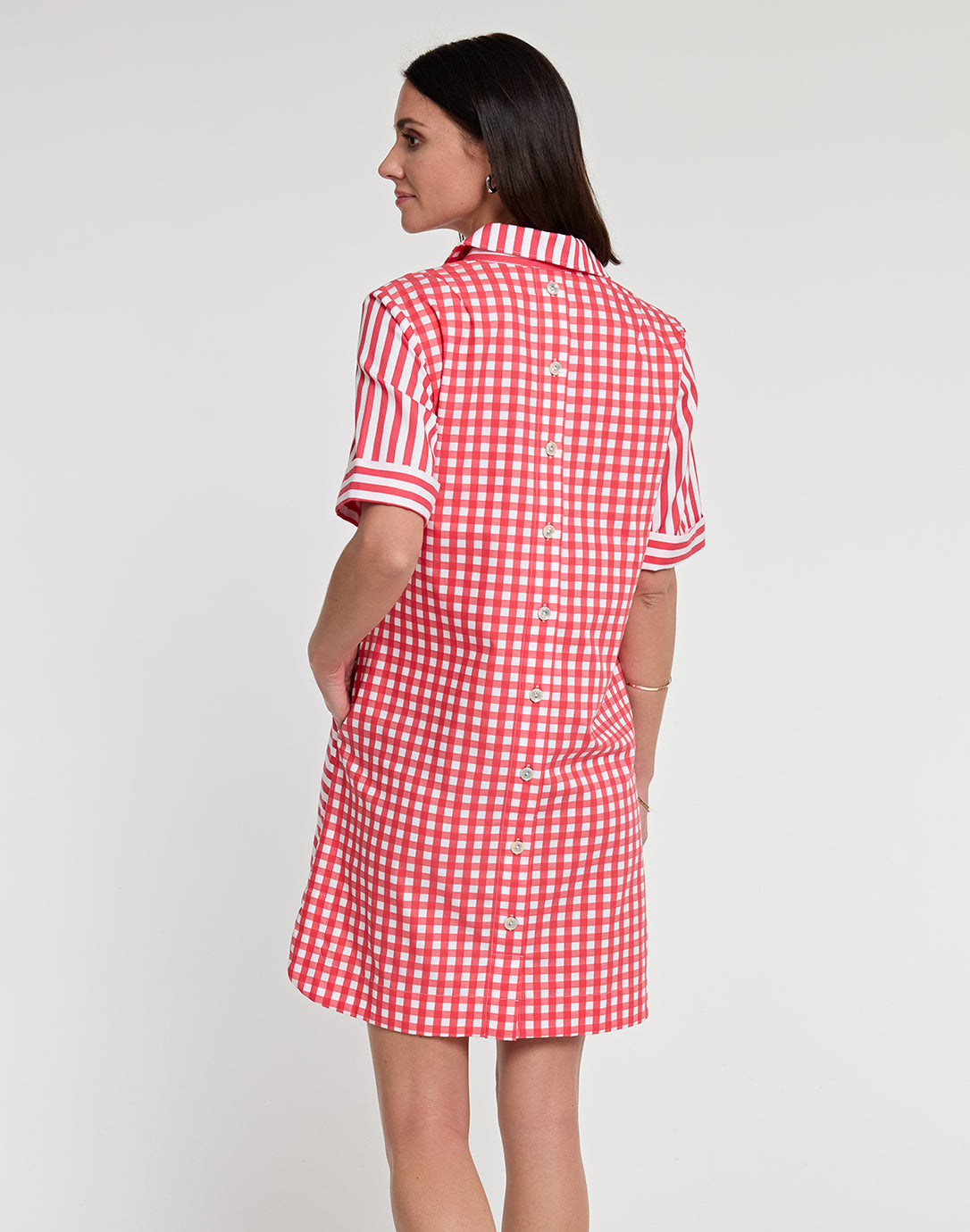 Aileen Short Sleeve Stripe Gingham Dress Hinson Wu