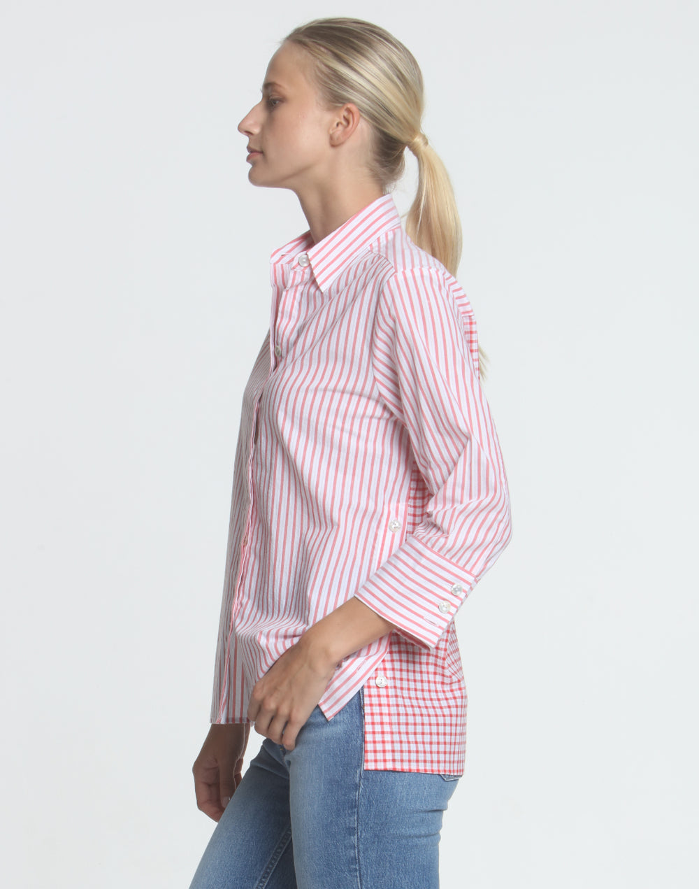 FINAL SALE / NO RETURN, NO EXCHANGE - Maxine 3/4 Sleeve Seersucker Stripe/Check Shirt