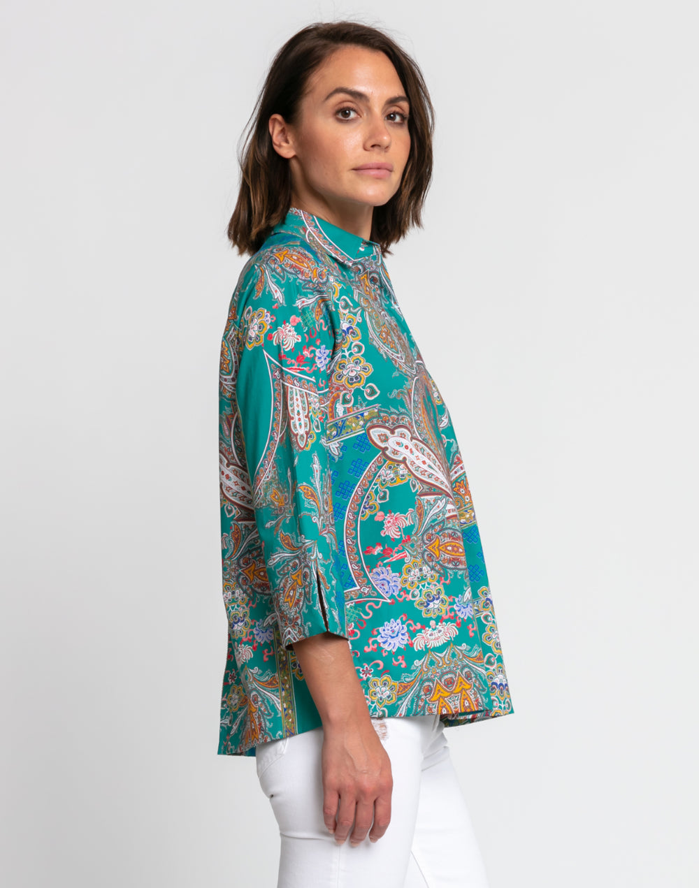 FINAL SALE / NO RETURN, NO EXCHANGE - Xena 3/4 Sleeve Teal Paisley Print Shirt