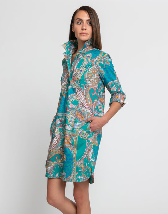 Aileen 3/4 Sleeve Teal Paisley Print Dress