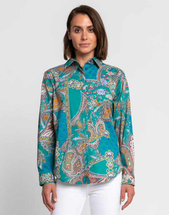 FINAL SALE / NO RETURN, NO EXCHANGE - Gemma Long Sleeve Teal Paisley Print Shirt