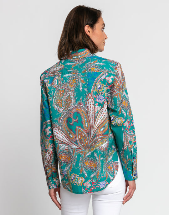 FINAL SALE / NO RETURN, NO EXCHANGE - Gemma Long Sleeve Teal Paisley Print Shirt