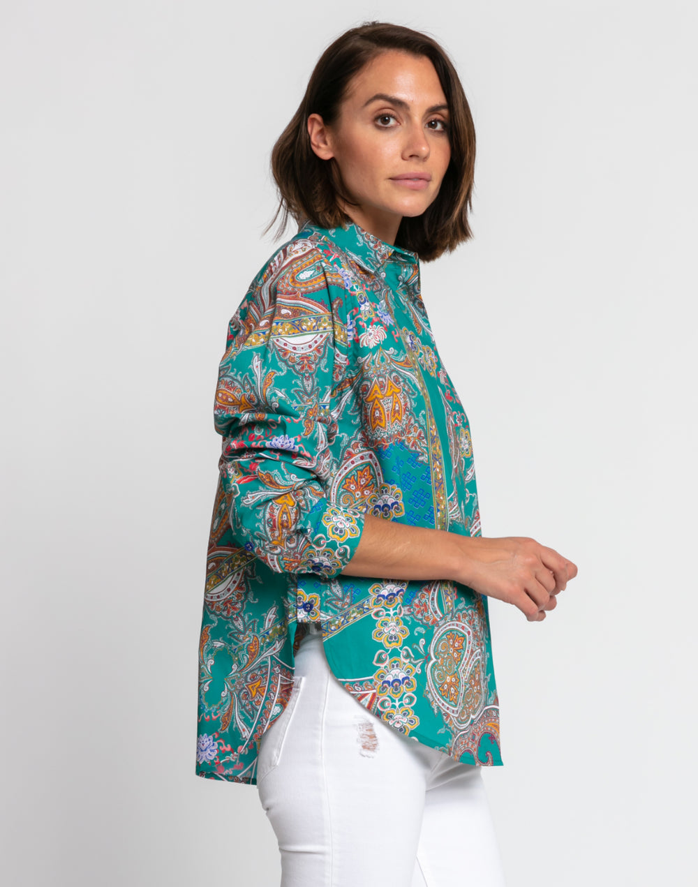 FINAL SALE / NO RETURN, NO EXCHANGE - Gemma Long Sleeve Teal Paisley Print Shirt