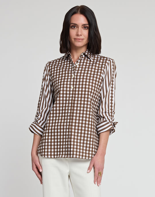 Zoey 3/4 Sleeve Gingham/Stripe Combo Shirt