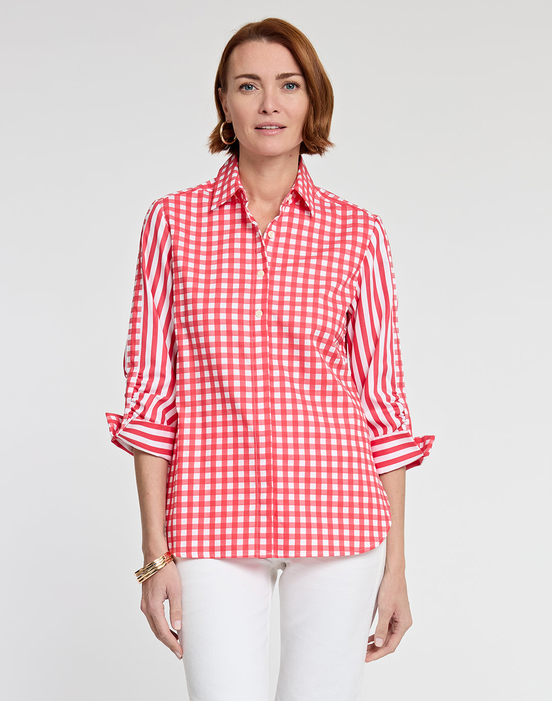 Zoey 3/4 Sleeve Gingham/Stripe Combo Shirt