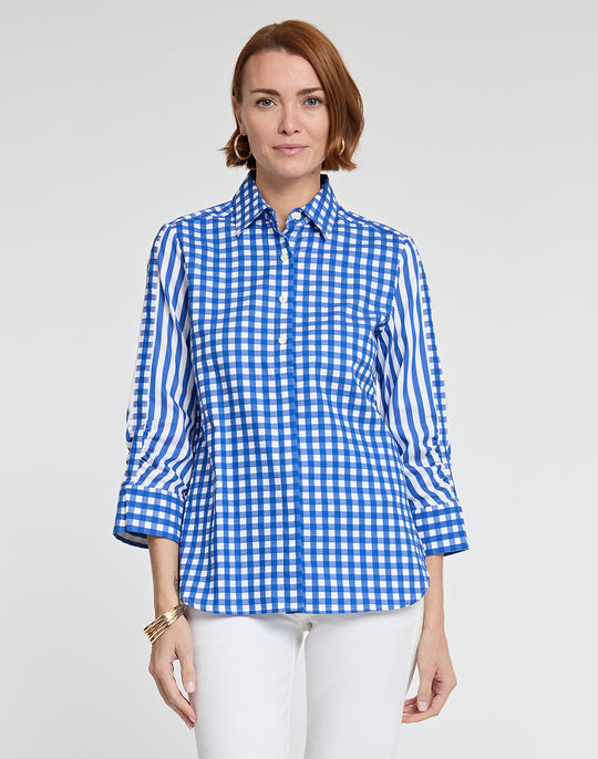 Zoey 3/4 Sleeve Gingham/Stripe Combo Shirt