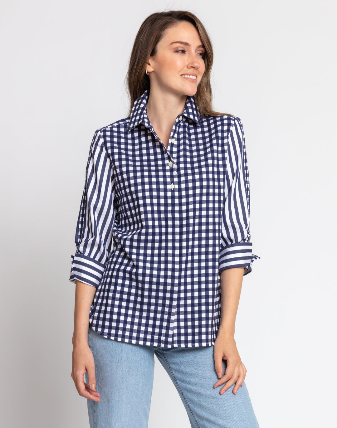 Zoey 3/4 Sleeve Gingham/Stripe Combo Shirt