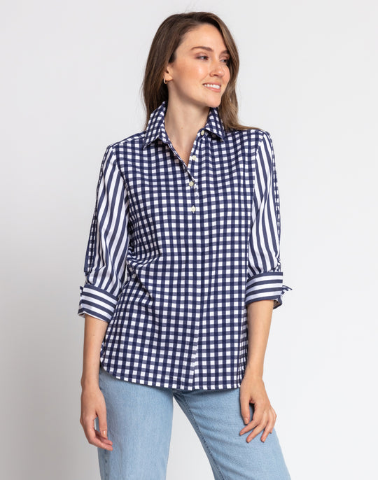 Zoey 3/4 Sleeve Gingham/Stripe Combo Shirt