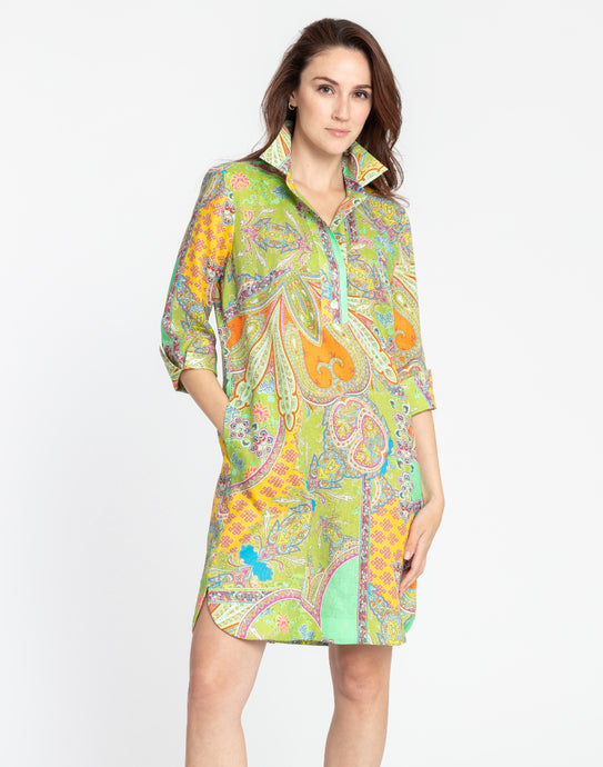 Aileen 3/4 Sleeve Linen Paisley Print Dress