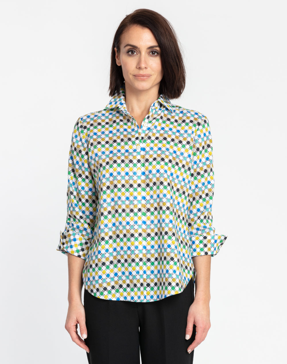 Zoey 3/4 Sleeve Mini Tile Linen Print Shirt