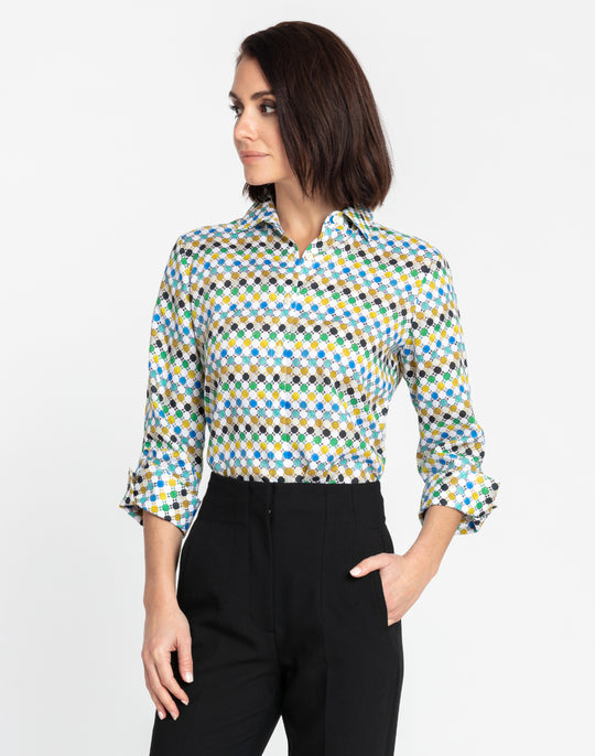 Zoey 3/4 Sleeve Mini Tile Linen Print Shirt