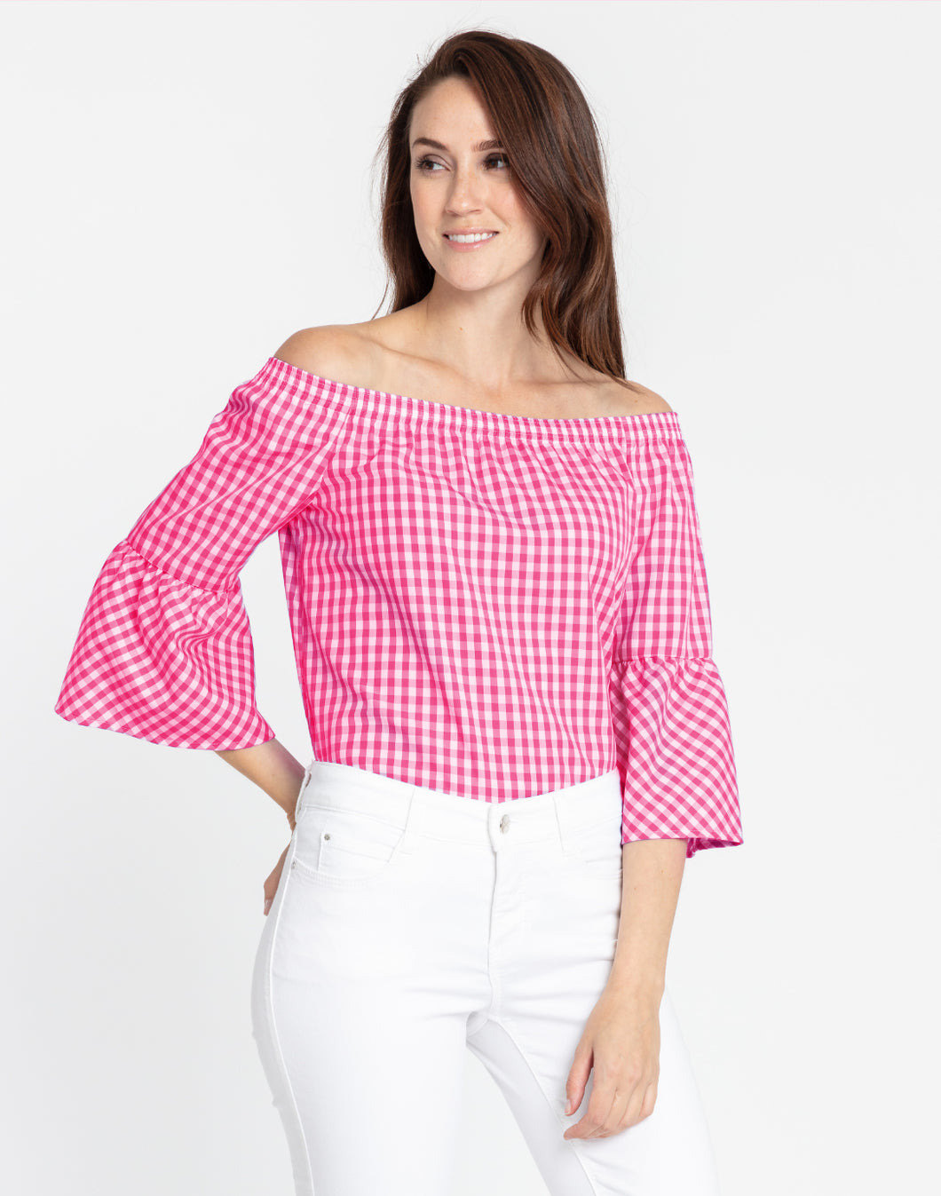 Lena Off Shoulder 3/4 Sleeve Mini Gingham Top