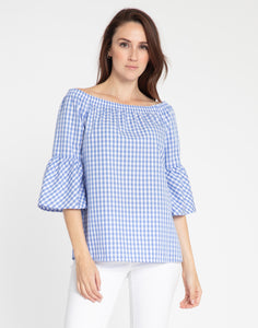 Lena Off Shoulder 3/4 Sleeve Mini Gingham Top