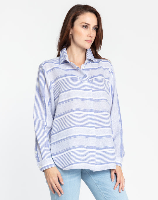 Gemma Long Sleeve Linen Variegated Stripes Shirt