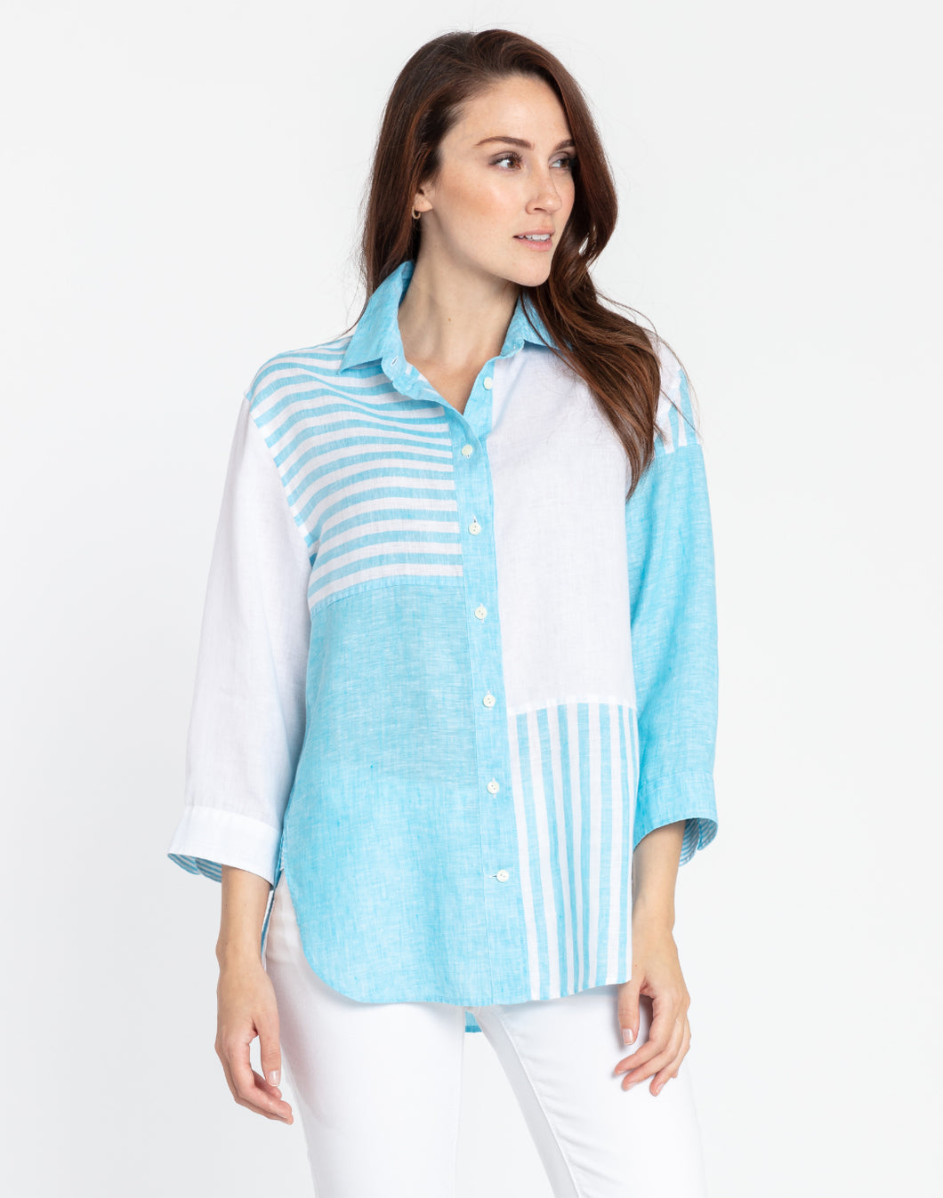 Halsey 3/4 Sleeve Luxe Linen Stripes Shirt