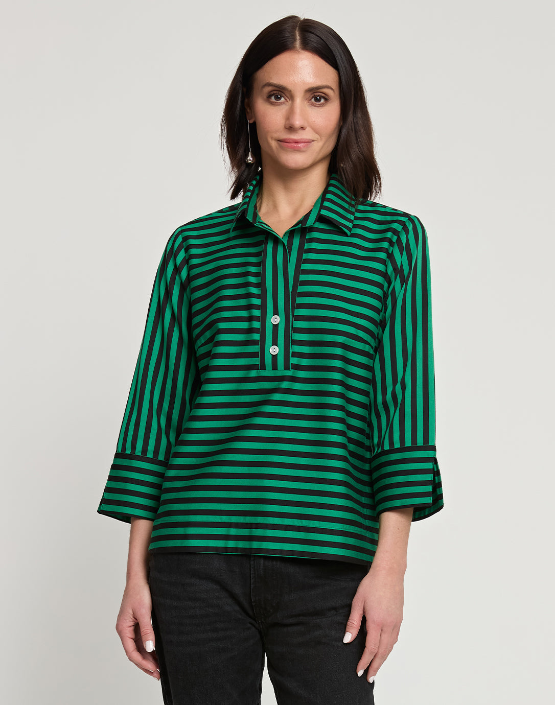 Aileen 3/4 Sleeve Stripe/Gingham Black Combo Top – Hinson Wu